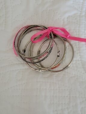 Free People Silver-Tone 6 Bangle Set with Pink Ribbon